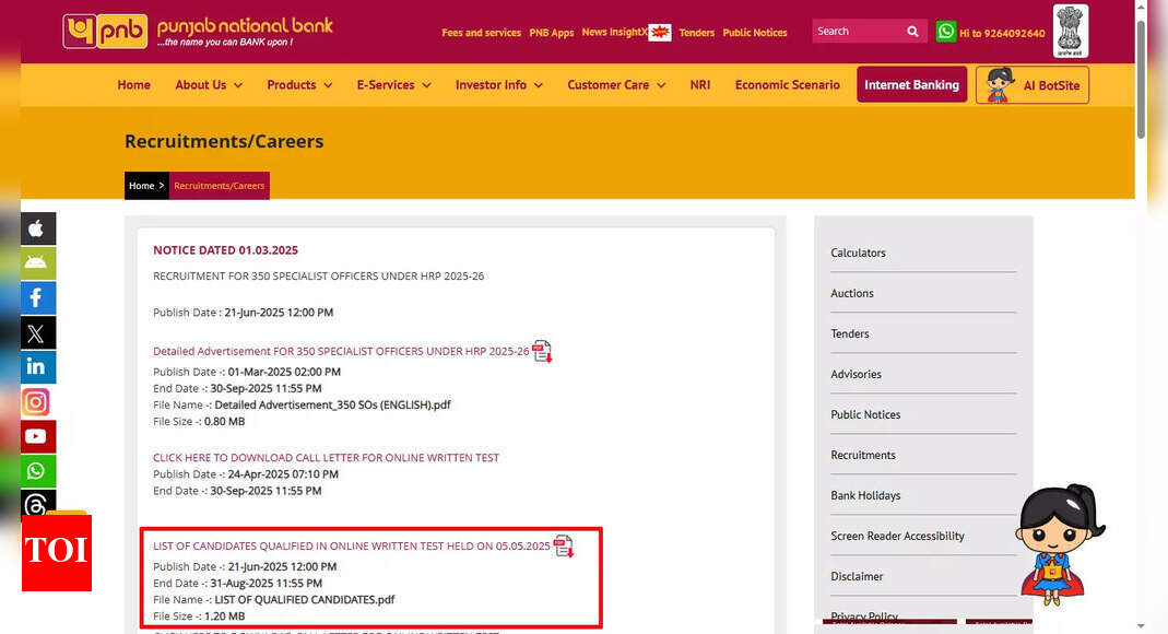 PNB SO result 2025 for written exams declared at pnbindia.in; 1836 candidates shortlisted – Times of India PNB SO result 2025 for written exams declared at pnbindia.in; 1836 candidates shortlisted – Times of India