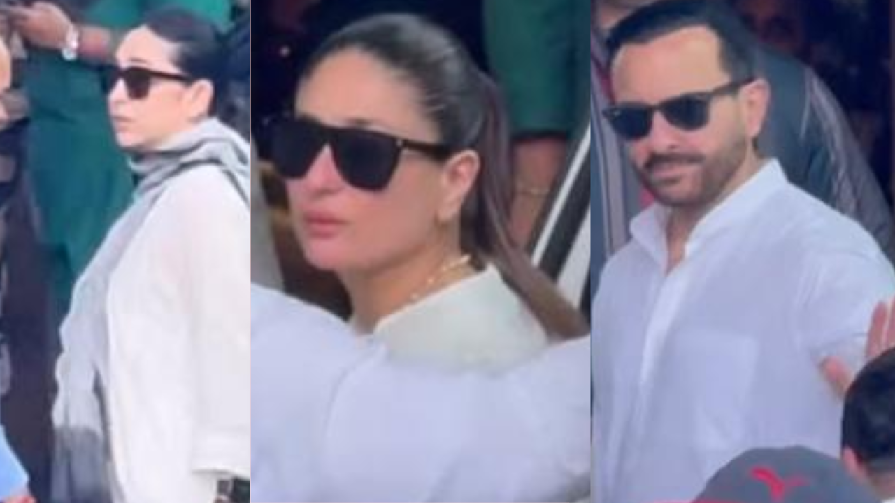 Sunjay Kapur's prayer meet: Karisma Kapoor, Kareena Kapoor and Saif Ali Khan, along with Samaira and Kiaa