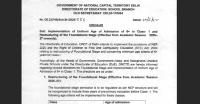 Delhi to mandate 6+ age for Class 1 from 2026; DoE orders major pre-primary restructuring