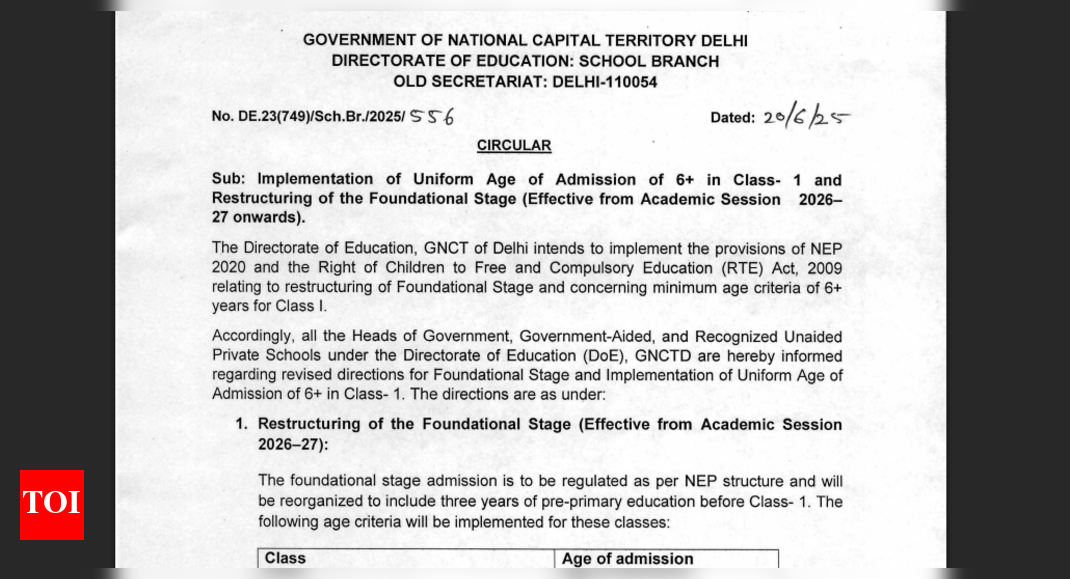 Delhi to mandate 6+ age for Class 1 from 2026; DoE orders pre-primary restructuring