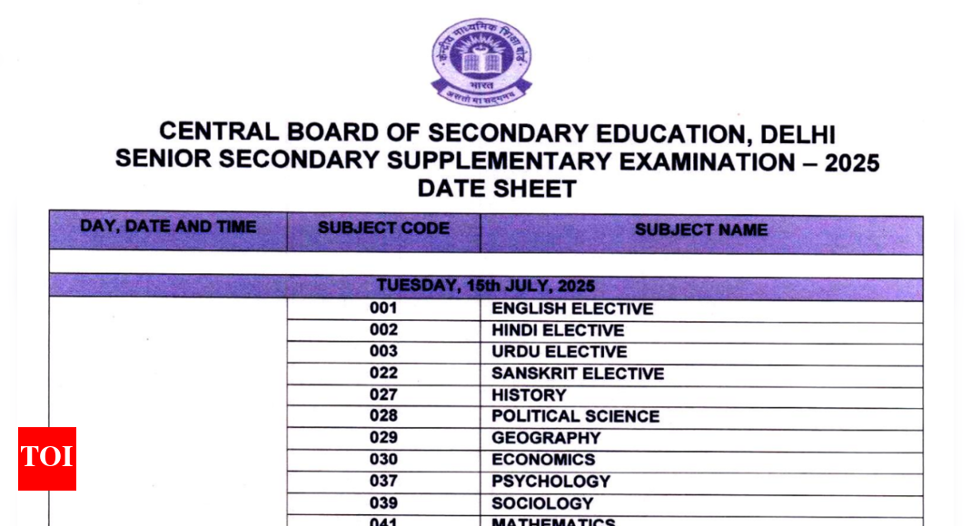 CBSE supplementary timetable 2025 out for Class 10 and 12, exams begin July 15: Check complete schedule here – Times of India