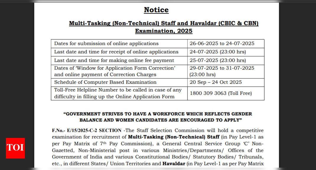 SSC MTS, Havaldar 2025 registration starts at ssc.gov.in: Direct link to apply for over 1000 vacancies, and other key details here – Times of India