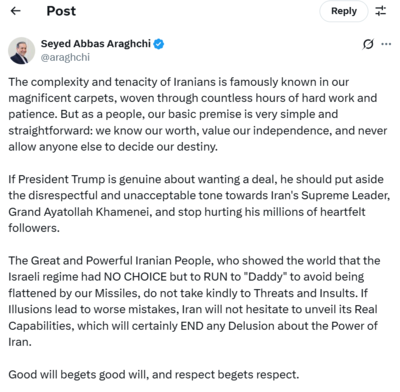  Iran on Trump's Khamenei remarks; asks US president if he is 'genuine about a deal'