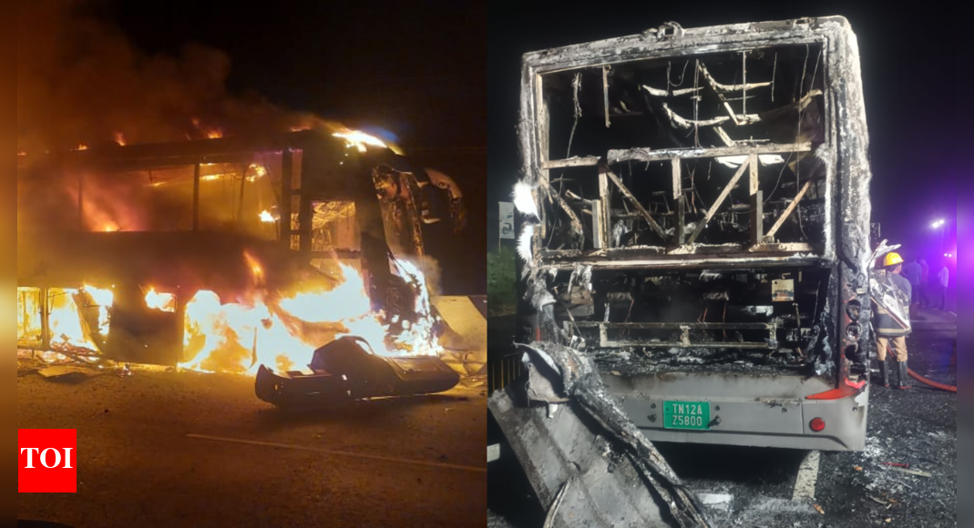Electric bus catches fire near Coimbatore: 21 passengers injured in midnight crash; truck drivers hailed for heroic rescue | Coimbatore News - Times of India