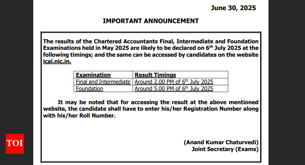 ICAI CA Final, Intermediate, Foundation exam result to release on this date: Check complete details here – Times of India ICAI CA Final, Intermediate, Foundation exam result to release on this date: Check complete details here – Times of India