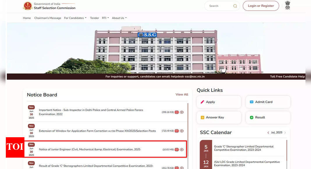 SSC JE registration begins for 1,340 vacancies at ssc.gov.in; applications open until July 21 – Times of India