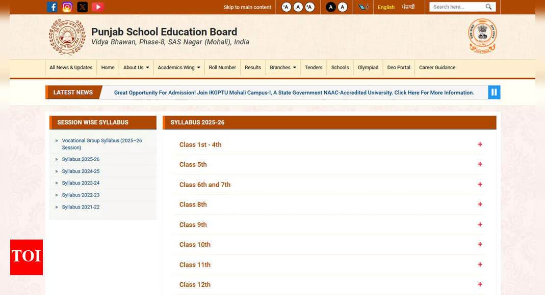 PSEB releases 2025 subject-wise syllabus for Classes 1 to 12 at pseb.ac.in