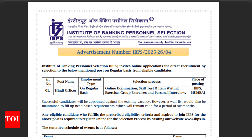 IBPS Hindi Officer recruitment 2025 application window opens: Direct link here