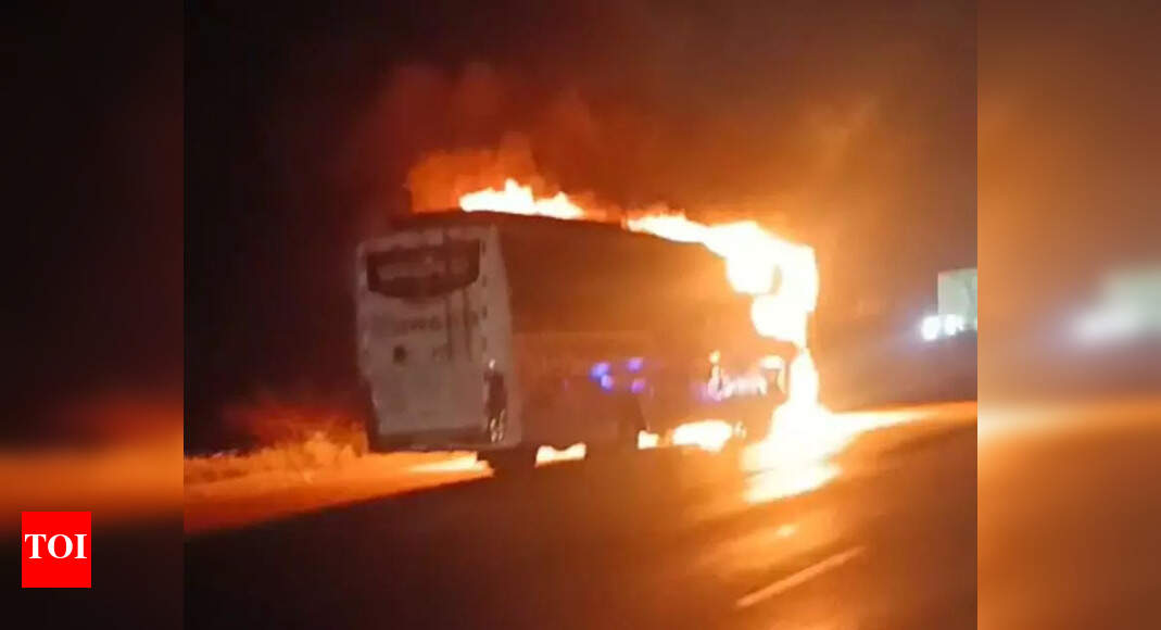 Bus catches fire after colliding with motorcycle near Chitradurga ...