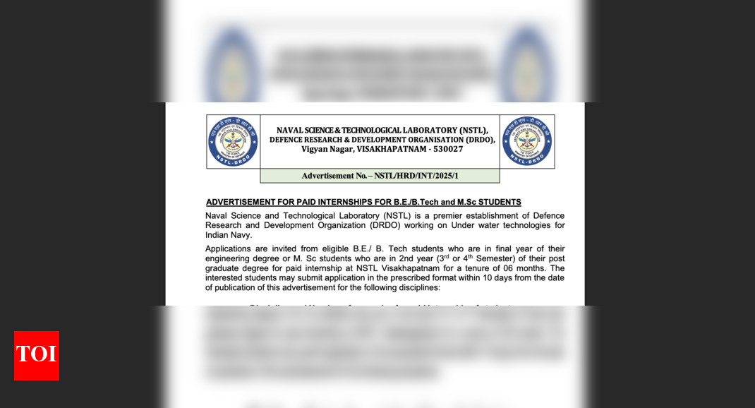DRDO paid internship 2025 applications open for B.E./B.Tech and M.Sc students: Check key details here