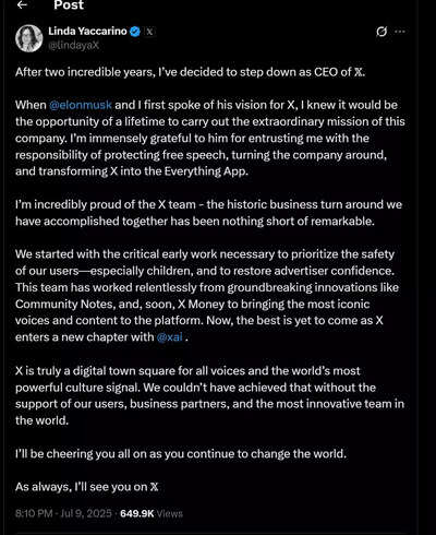 Twitter CEO Linda Yaccarino steps down after two years, thanks Elon Musk for 'Opportunity of ...'