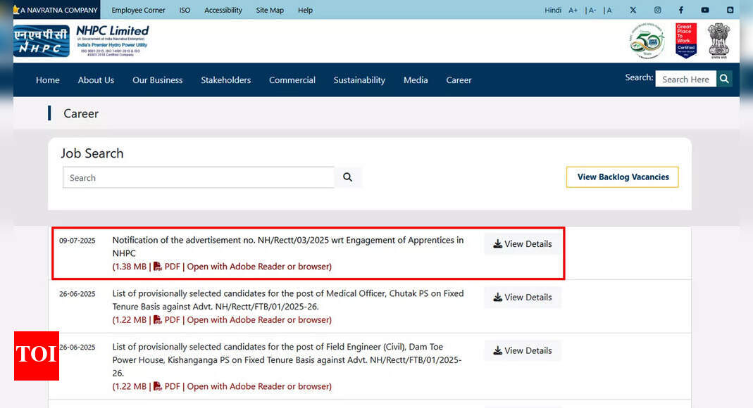 NHPC apprentice recruitment 2025: Apply online for Graduate, Diploma and ITI posts – Times of India