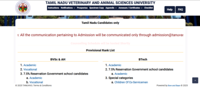 TANUVAS UG rank list 2025 released for BTech, BVSc & AH courses 2025 at tanuvas.ac.in: Direct link to download here