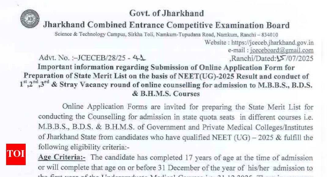 Jharkhand NEET UG counselling 2025 registration begins: Check detailed schedule here – Times of India
