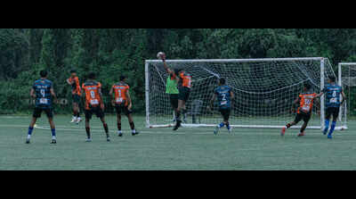 Dempo Sports Club goalkeeper collects the ball ahead of a Guardian Angel striker during their match at Duler Football Stadium, Mapusa, on Saturday It’s Dempo vs Dempo in Monsoon Premier League final
