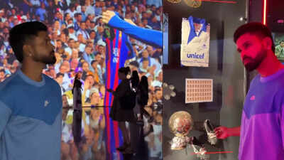 Watch: Shreyas Iyer visits FC Barcelona museum, shows off Barca jersey