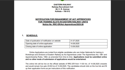 RRC Eastern Railways notification released for over 3000 vacancies: Check details here