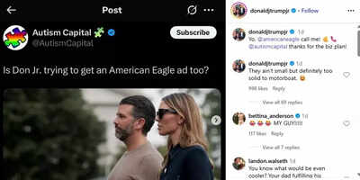 A foto no peito de Donald Trump Jr se torna viral, ele pede que a American Eagle o ligue para Sydney Sweeney Row; A namorada dele reage