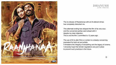 Dhanush condemns AI-altered 'Raanjhanaa' ending; claims 'concerned parties went ahead despite my clear objection'