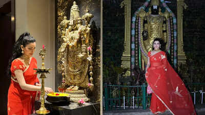 Shalini Passi wore a beautiful red saree with golden detailing for her visit to Tirupati Balaji