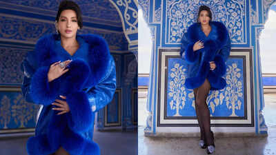 Nora Fatehi nails power dressing in cobalt blue Alexandre Vauthier coat