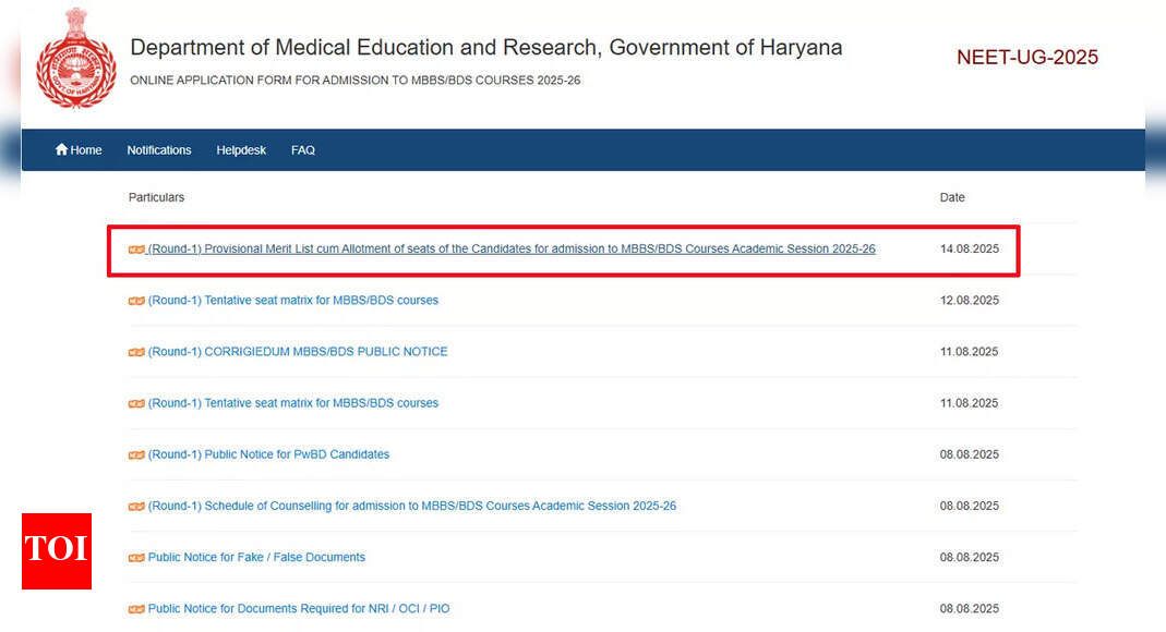Haryana NEET 2025 counselling round 1 result and merit list released at uhsrugcounselling.com; download PDF here