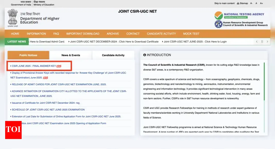 CSIR-UGC NET 2025 final answer key released at csirnet.nta.ac.in: Result expected shortly, check direct link here