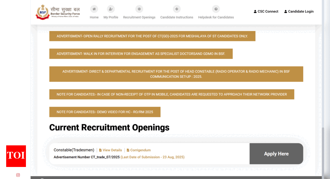 BSF Constable recruitment 2025 ends today for 3,588 posts, check direct link to apply