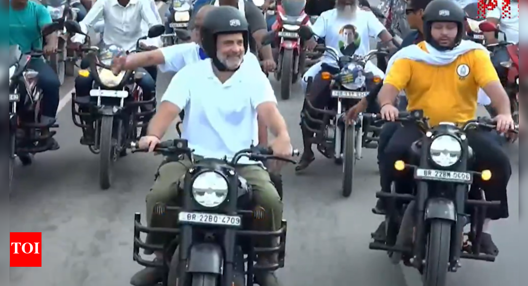 ‘Voter Adhikar Yatra’: Rahul Gandhi, Tejashwi Yadav ride bikes in Bihar’s Purnia; watch video