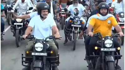 'Voter Adhikaar Yatra': Rahul Gandhi and RJD's Tejashwi Yadav ride bikes in Purnea; watch