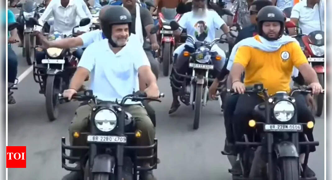 'Voter Adhikaar Yatra': Rahul Gandhi and RJD's Tejashwi Yadav ride bikes in Purnea; watch