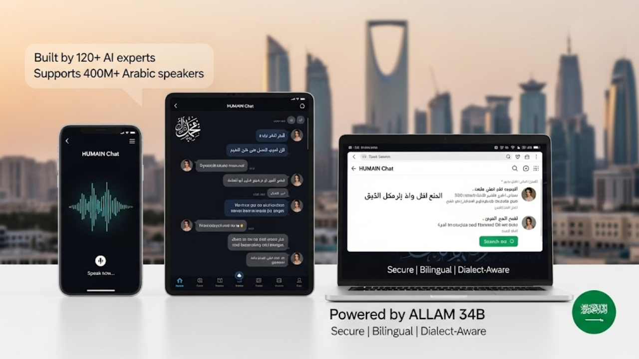 A close-up of a smartphone screen showing an Arabic AI chatbot interacting with a user, with a Saudi flag subtly in the background.