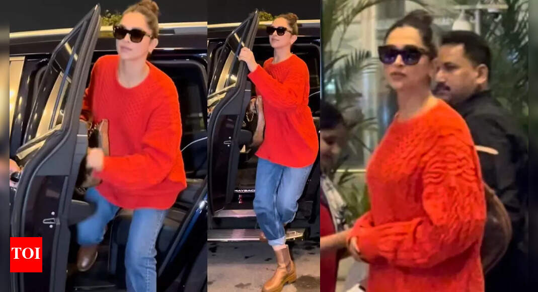 Deepika Padukone keeps it cool in red sweater and denim for airport look; flashes smile before jetting off in style | Hindi Movie News – The Times of India