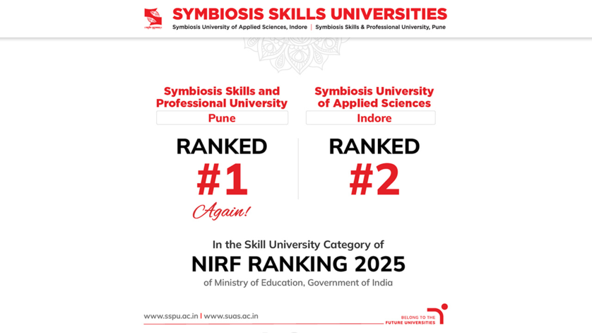 Symbiosis Skills Universities - SSPU Pune ranked No.1 and SUAS Indore ranked No.2 in the NIRF 2025 Skill University category