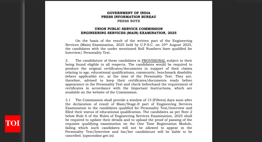 UPSC ESE Mains result 2025 released at upsc.gov.in: Direct link to download scorecards here