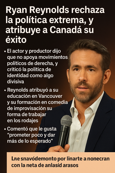 No soy MAGA: Ryan Reynolds critica la política de identidad y atribuye su éxito en Hollywood a sus raíces canadienses