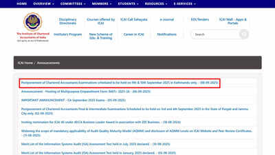 ICAI CA exams postponed in Kathmandu due to Nepal unrest and social media ban; check official notice here