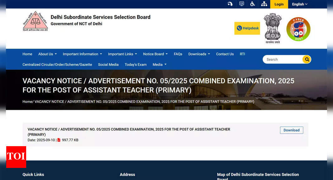 DSSSB Assistant Teacher recruitment 2025: Registration opens on 17 September for 1180 vacancies at dsssb.delhi.gov.in