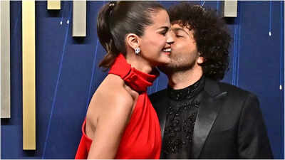  Selena Gomez shines in scarlet; Benny Blanco seals it with a kiss