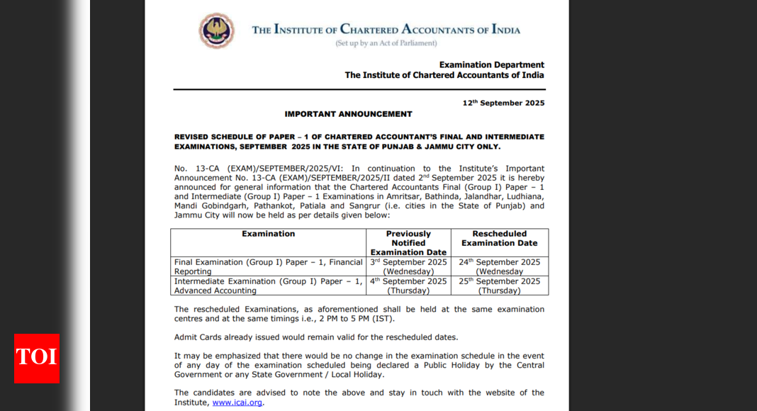 ICAI releases revised CA September 2025 exam datesheet for Punjab and Jammu: Check details