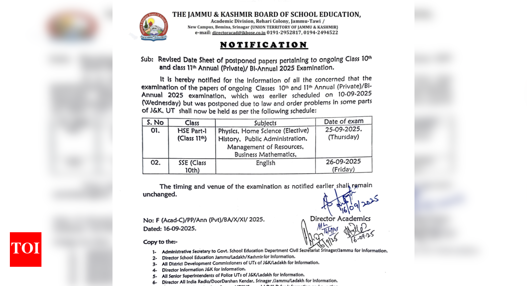 JKBOSE Bi-Annual exam 2025: Revised dates for Class 10, 11 released at jkbose.nic.in; check details here
