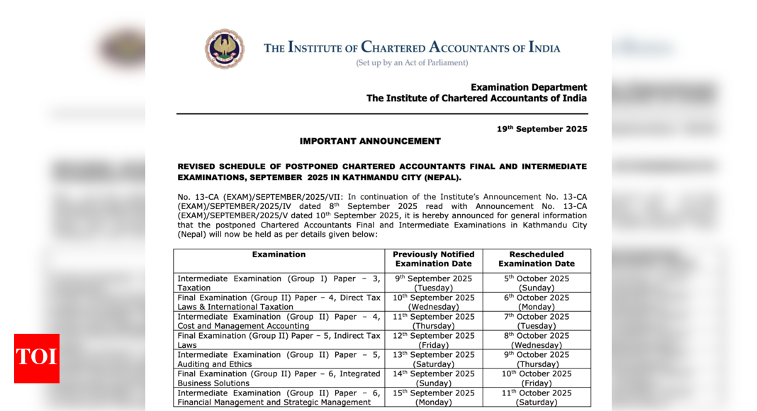 ICAI releases revised CA October 2025 exam datesheet for Nepal: Check details here