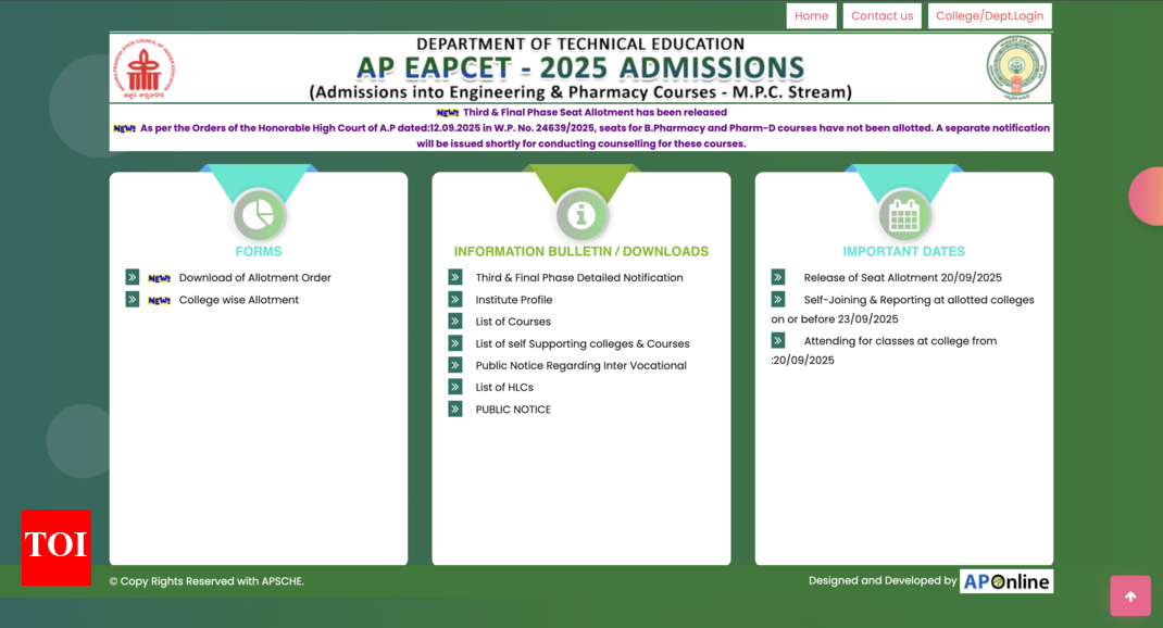 AP EAMCET 2025 phase 3 and final seat allotment out at eapcet-sche.aptonline.in: Direct link to download scorecards here