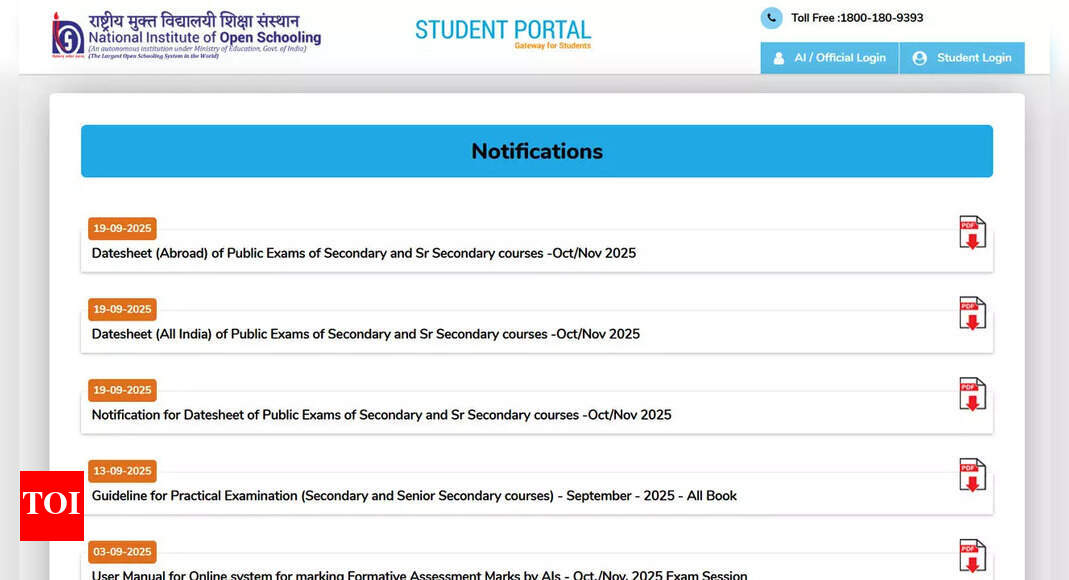 NIOS exam date sheet 2025, class 10 and 12: Theory exams from October 14 to November 18