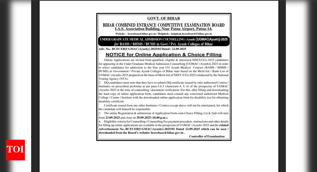 Bihar AYUSH NEET UG counselling 2025 choice filling starts: Check direct link and key details here