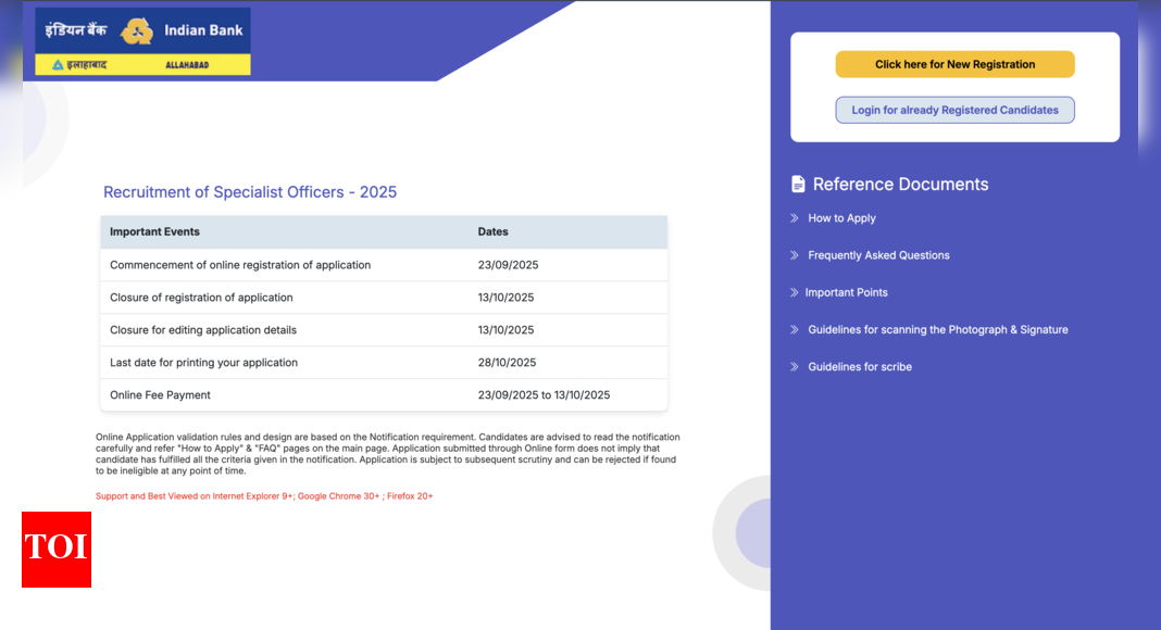 Indian Bank SO recruitment 2025: Notification released, registration window open at indianbank.in; check direct link here