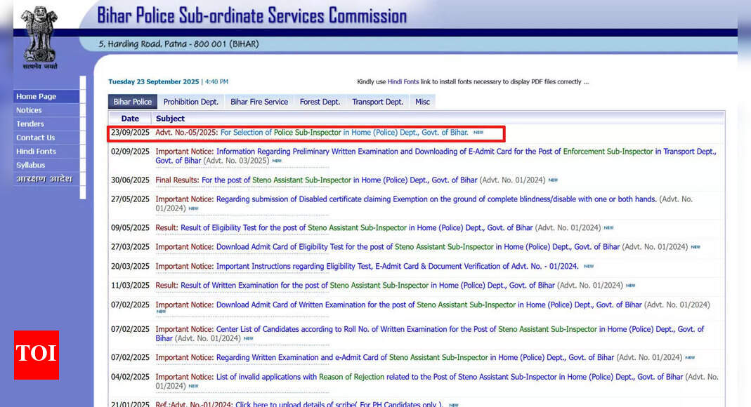 Bihar Police SI recruitment 2025: notification for 1799 posts; applications open from 26 Sept at bpssc.bihar.gov.in