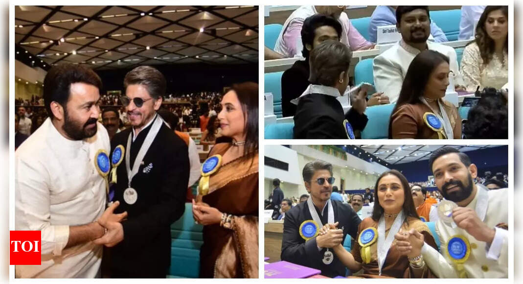 Shah Rukh Khan proudly shows off his National Film Award medal; poses with fellow awardees Mohanlal and Rani Mukerji