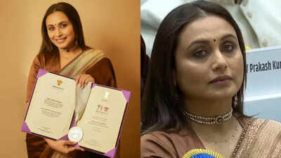 Rani Mukerji Keeps Daughter Adira Close as She Reciems Her first national award, wears a necklace with her initials on it