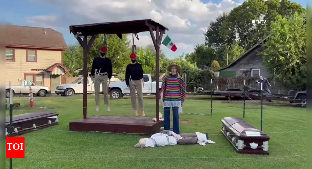 Red-hat Houston Halloween display sparks debate with mannequins in execution scene under Mexican flag